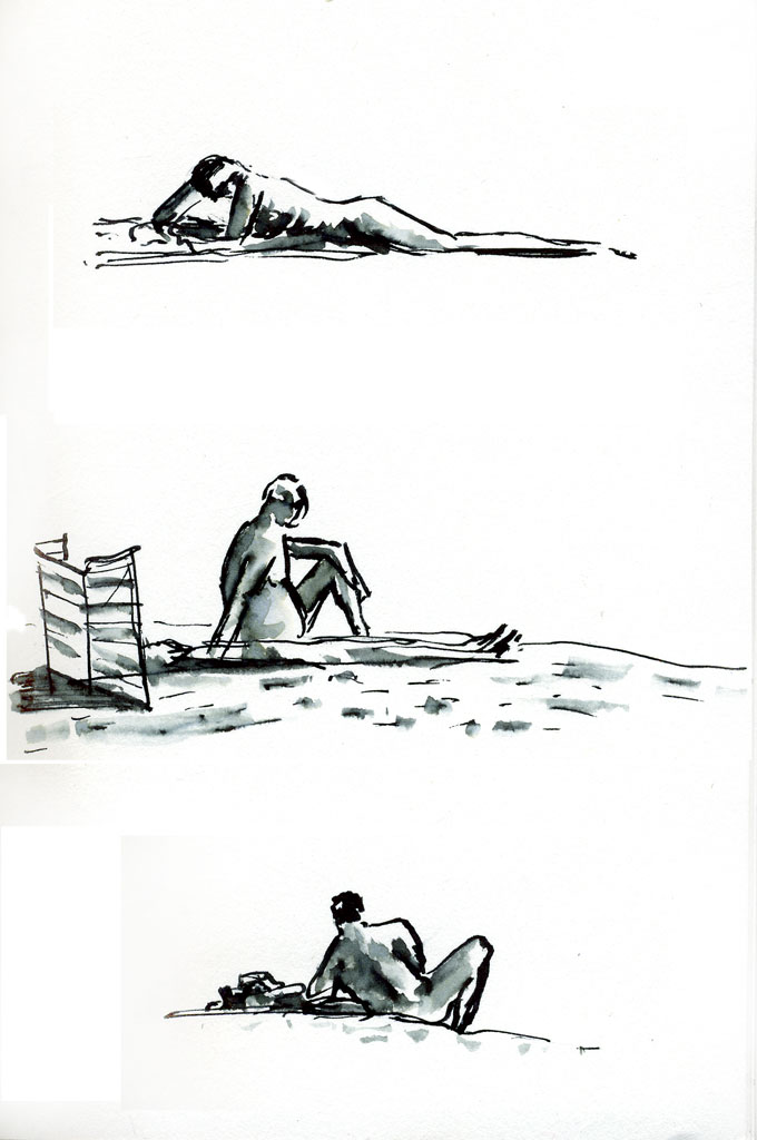 croquis à l'encre, personnages à la plage