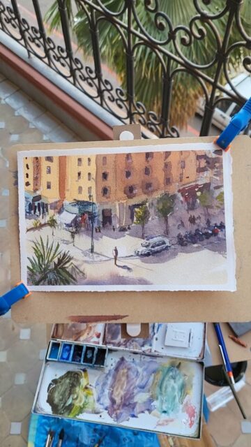 #marrakech #watercolour #aquarelle #watercolourimpressionism #sketchers #sketch #urbansketcher #urbansketchermorocco #usk #paintingthelight #paintingonlocation #watercolorsketch #morocco #coinderue
